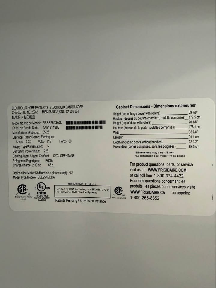 Frigidaire - 36 in. 25.6 Cu. Ft. Standard-Depth Side-by-Side Refrigerator with Ice & Water Dispenser - Stainless Steel - FRSS2623ASJ