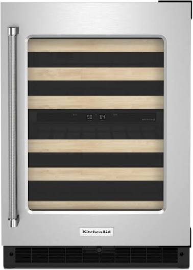 KitchenAid - 46-Bottle Dual Zone Wine Cellar with Glass Door and Wood-Front Racks - Stainless Steel - KUWR214KSB